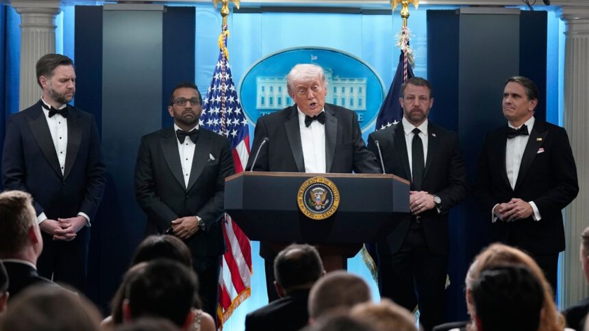 President Donald Trump speaks in the James Brady Press Briefing Room at the White House after an unspecified threat at the annual White House Correspondents' Association Dinner in Washington