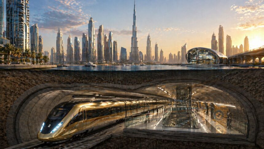 Dubai Metro Gold Line, the city's first fully underground metro route, is set to enhance connectivity across key areas with a 42 km network aimed at easing travel and congestion. (Image generated using AI)