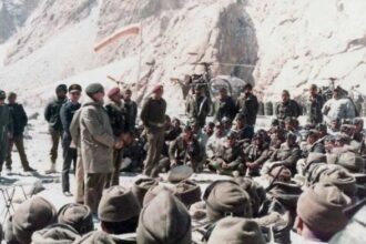 The briefing on 12th April 1984 From left to right standing we can recognize: Second from Left Major Bahuguna, AVM Dalaya, Lt Gen P N Hoon, Maj Gen Shiv Sharma, Lt Col Pushkar Chand and fourth from right Captain D S Gusain | Amit K Paul