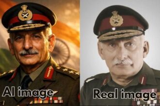 An AI-generated image of Field Marshal Sam Maneshaw next to his real image.