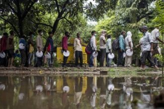 People line up to receive free meals distributed by volunteers in Lucknow on 10 June