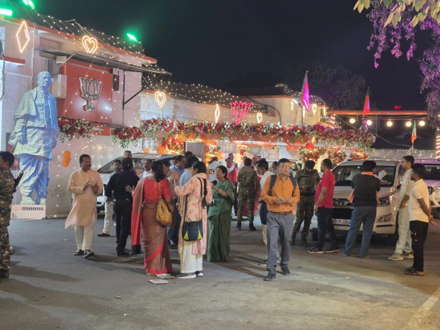 Giant LED lotus, firecrackers, balloons: With BJP set to get its 1st CM in Bihar, Patna party office wears festive look