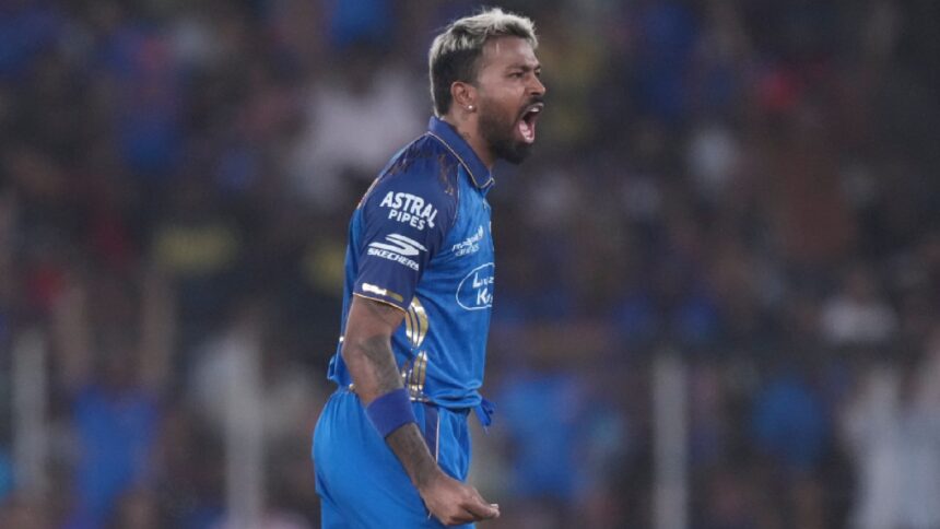 Mumbai Indians' captain Hardik Pandya celebrates the wicket of Gujarat Titans' Jos Buttler during the Indian Premier League cricket match between Gujarat Titans and Mumbai Indians in Ahmedabad, India, Monday, April 20, 2026. (AP Photo)