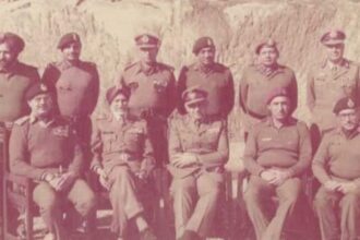 (L-R) Maj Gen Amarjit Singh (standing), Lt. Gen P N Hoon (sitting), Lt. Gen N S Cheema, and Lt. Gen. M L Chibber