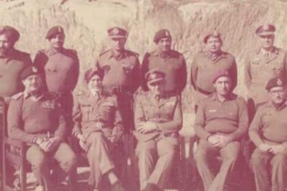 (L-R) Maj Gen Amarjit Singh (standing), Lt. Gen P N Hoon (sitting), Lt. Gen N S Cheema, and Lt. Gen. M L Chibber