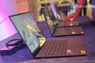 The high-end Zenbook S16 has a tactile Ceraluminum lid and updated specifications. (Image credit: Anuj Bhatia/The Indian Express)