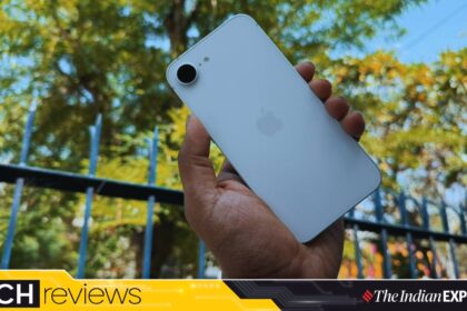 iPhone 17e Review 2026: The iPhone 17e embraces a clean, minimal design that feels instantly familiar. It’s understated, but that restraint is exactly what makes it appealing. (Image: Bijin Jose/The Indian Express)