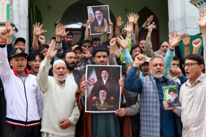 People raise slogans and hold portraits of late Iran's Supreme Leader Ayatollah Ali Khamenei, in view of the two-week ceasefire agreement between Iran, the United States and Israel, in Jammu, Wednesday, April 8, 2026. (PTI Photo)