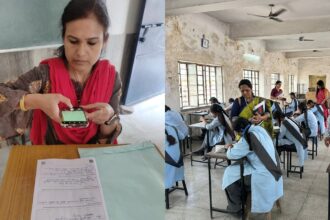 Teachers scanning the answer sheets using the AI app