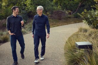 Tim Cook and John Ternus at Apple Park. (Image via Apple newsroom)