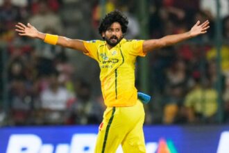 CSK's Khaleel Ahmed appeals unsuccessfully for the wicket of Royal Challengers Bengaluru's captain Rajat Patidar during the Indian Premier League cricket match between Chennai Super Kings and Royal Challengers Bengaluru in Bengaluru, India, Sunday, April 5, 2026. (AP Photo)