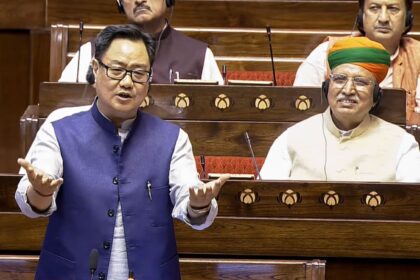 Kiren Rijiju speaks in the Rajya Sabha during the second part of the Budget session of Parliament, in New Delhi. (PTI Photo)