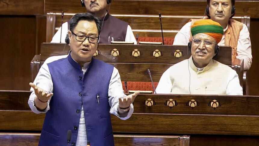 Kiren Rijiju speaks in the Rajya Sabha during the second part of the Budget session of Parliament, in New Delhi. (PTI Photo)