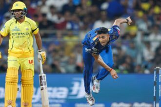 MI pacer Krish Bhagat bowled death overs against CSK in IPL 2026 at Wankhede Stadium in Mumbai. (CREIMAS FOR IPL)