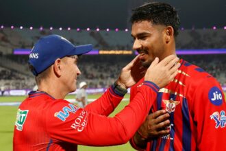 IPL 2026: LSG head coach Justin Langer celebrates the win over KKR with Mukul Choudhary. (CREIMAS)