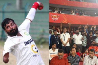Mahesh has represented India in cricket and volleyball; (right) Mahesh with HCA secretary M Jeevan Reddy other physically disabled athletes at the Rajiv Gandhi International Stadium during SRH's home match against Rajasthan Royals. (Image via Special arrangement)
