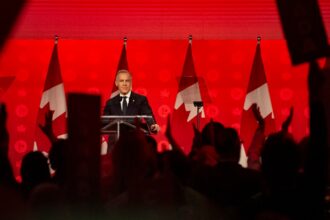 Prime Minister Mark Carney of Canada speaks during the Liberal Party’s convention in Montreal, April 11, 2026. (Ian Austen/The New York Times)