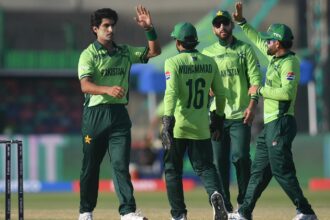 Naseem Shah celebrates wicket with his teamates. (FILE photo)