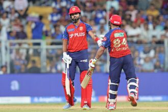 Shreyas Iyer of Punjab Kings and Prabhsimran Singh of Punjab Kings during Match 24 of the TATA Indian Premier League 2026 between Mumbai Indians and Punjab Kings at Wankhede Stadium, Mumbai, India, on April 16, 2026.