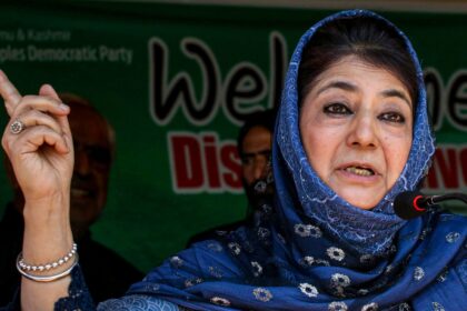 Pulwama: Peoples Democratic Party (PDP) President Mehbooba Mufti addresses the gathering during the party convention at Chandgam village in Pulwama district, Jammu and Kashmir. (PTI Photo)