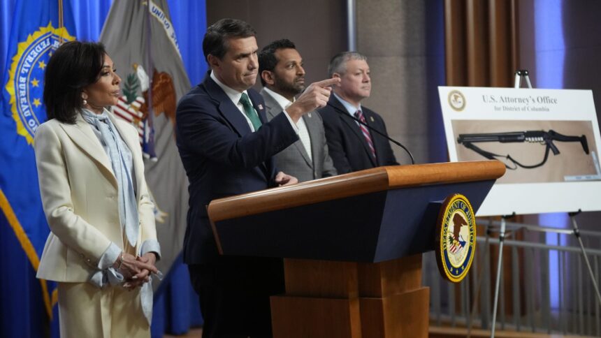 From left, U.S. Attorney Jeanine Pirro, Acting Attorney General Todd Blanche, FBI Director Kash Patel, and Acting Assistant Director for the Criminal Investigative Division at the FBI, Darren Cox, speak during a news conference at the Department of Justice