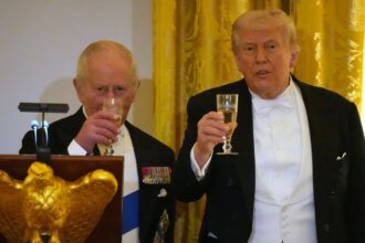 Britain's King Charles III toasts with President Donald Trump during a State Dinner with first lady Melania Trump and Queen Camilla in the East Room of the White House State Dinner