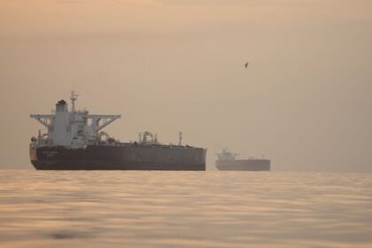 Tankers anchored in the Strait of Hormuz off the coast of Qeshm Island, Iran, Saturday, April 18, 2026. (AP Photo)