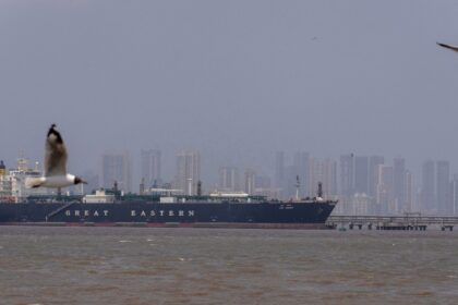 The Indian flagged LPG carrier Jag Vasant transporting liquefied petroleum gas, is seen at the Mumbai Port in Mumbai, India, after it arrived clearing the Strait of Hormuz