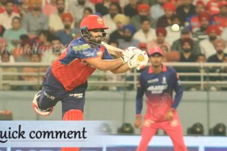 Once his partner had departed, it fell on Prabhsimran to keep the run rate at an acceptable rate for Punjab Kings (Express Photo by Kamleshwar Singh)
