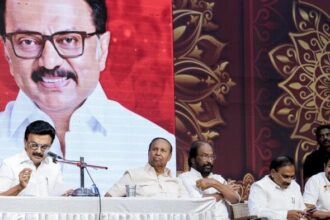 Tamil Nadu Chief Minister and DMK President MK Stalin, left, addresses a press conference announcing the party's candidates for the upcoming state Assembly elections, at the party's headquarters Anna Arivalayam, in Chennai, Saturday, March 28, 2026 | PTI