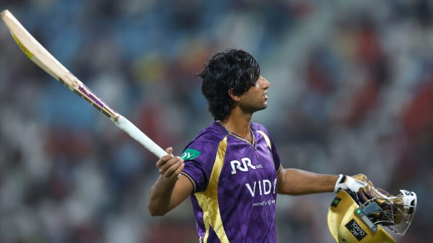 Angkrish Raghuvanshi was fined for showing dissent after his controversial dismissal against LSG on Sunday. (CREIMAS)