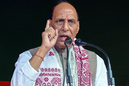 Defence Minister Rajnath Singh addresses a rally