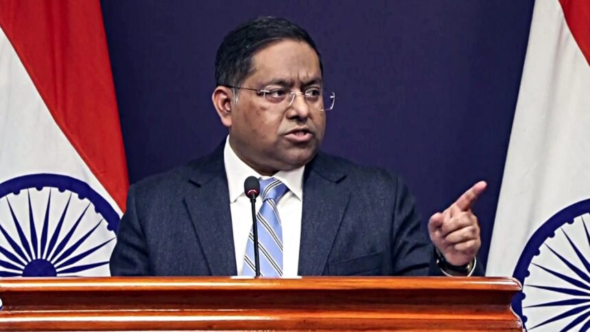 MEA spokesperson Randhir Jaiswal addresses a press conference