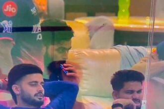 Screengrab from a video captured from the IPL live broadcast reportedly showing Rajasthan Royals captain Riyan Parag vaping inside the team dressing room during RR’s IPL 2026 match against Punjab Kings in Mullanpur.