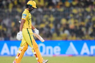 Chennai Super Kings' captain Ruturaj Gaikwad leaves the ground after losing his wicket during the Indian Premier League cricket match between Chennai Super Kings and Punjab Kings in Chennai, India, Friday, April 3, 2026. (AP Photo)