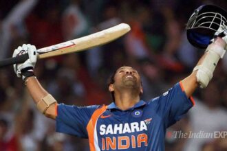 Sachin Tendulkar celebrates his double century in the second one-day international against South Africa in Gwalior on February 24, 2010. (Express file photo by Punit Paranjpe)