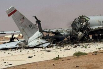 A damaged US Boeing E-3 Sentry airborne warning and control aircraft following an Iranian strike at Prince Sultan Air Base in Saudi Arabia in March 2026 | SOCIAL MEDIA/via REUTERS