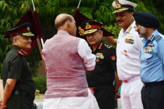 File photo of CDS Gen Anil Chauhan, Army chief Gen Upendra Dwivedi, Navy chief Admiral Dinesh Kumar Tripathi, IAF chief Air Chief Marshal AP Singh with Defence Minister Rajnath Singh | Praveen Jain/ThePrint