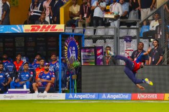 Punjab Kings' Shreyas Iyer attempts a catch of Mumbai Indians' Hardik Pandya during the Indian Premier League (IPL) 2026 cricket match at the Wankhede Stadium in Mumbai. (PTI Photo/Kunal Patil)