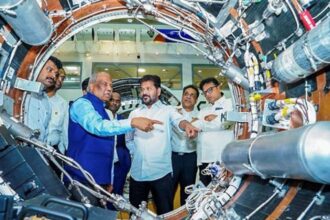 elangana Chief Minister Revanth Reddy, during the flag off ceremony of the flight hardware of Skyroot Aerospace's Vikram-1 — India's first privately developed orbital rocket, in Sriharikota on Saturday. (Telangana CMO /ANI Photo)
