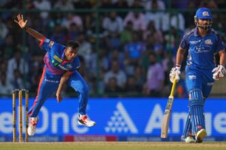 Delhi Capitals' T. Natarajan bowls a delivery during the Indian Premier League cricket match between Delhi Capitals and Mumbai Indians in New Delhi, India, Saturday, April. 4, 2026. (AP Photo)
