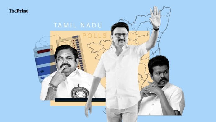 Tamil Nadu CM MK Stalin (centre) will be looking for a second term, but much of it depends also on the performance of rivals Edappadi K Palaniswami (left) of AIADMK and Vijay of TVK | Shruti Naithani | ThePrint