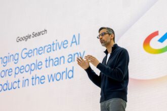 Sundar Pichai, the chief executive of Google, speaks during Google I/O, an annual conference for software developers, in Mountain View, Calif., May 20, 2025.