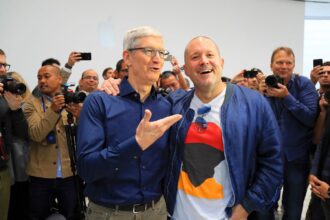 Tim Cook, Apple’s chief executive, with Jony Ive, then an Apple executive, at the Steve Jobs Theater in Apple Park in Cupertino, Calif., Sept.12, 2018