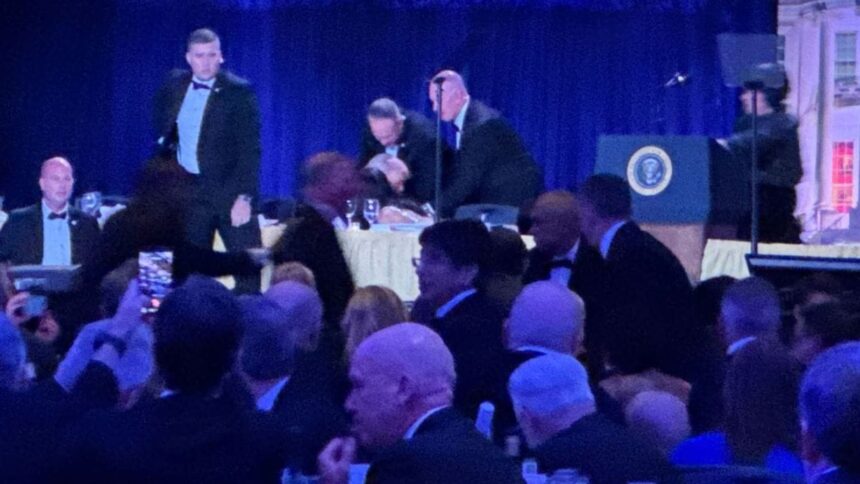 Shooting at the White House Correspondents’ Dinner triggered panic at the Washington Hilton, with Donald Trump and senior officials evacuated to safety. (AP Photo)