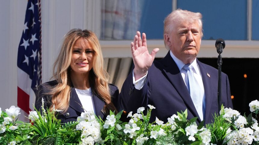 President Donald Trump and first lady Melania Trump participate in the White House Easter Egg Roll on the South Lawn of the White House. (AP Photo)