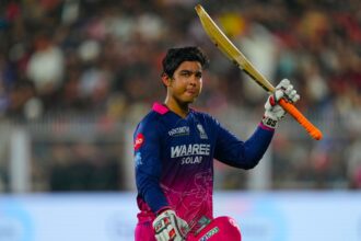 Rajasthan Royals' Vaibhav Sooryavanshi waves his bat as he leaves the ground after losing his wicket during the Indian Premier League cricket match between Royal Challengers Bengaluru and Rajasthan Royals in Guwahati, India, Friday, April 10, 2026. (AP Photo)