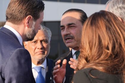 Vice President JD Vance, left, talks to Pakistan's Chief of Army Staff Field Marshall Asim Munir, right, and Pakistani Deputy Prime Minister Mohammad Ishaq Dar after attending talks in Islamabad. (AP Photo)