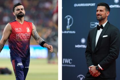 (LEFT) RCB's Virat Kohli warms up before the start of an IPL cricket match; (RIGHT) Novak Djokovic arrives for the 2026 Laureus World Sports Awards ceremony in Madrid (right). (AP Photos)