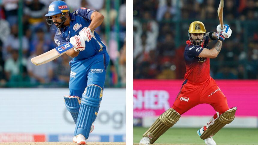 Rohit Sharma bats for Mumbai Indians (left) and RCB's Virat Kohli. (Photos: Creimas)